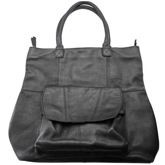 Burin Large Black Leather Tote Bag Front Pocket Satchel Boho Slouchy Minimalist - Picture 1 of 13